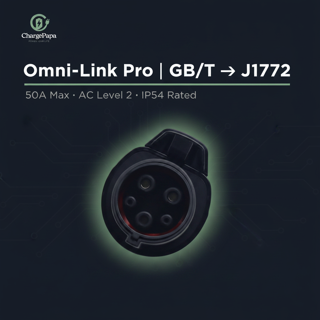 ChargePapa Omni-Link Pro EV adapter dark background, GB/T to J1772 Type 1, 50A AC Level 2