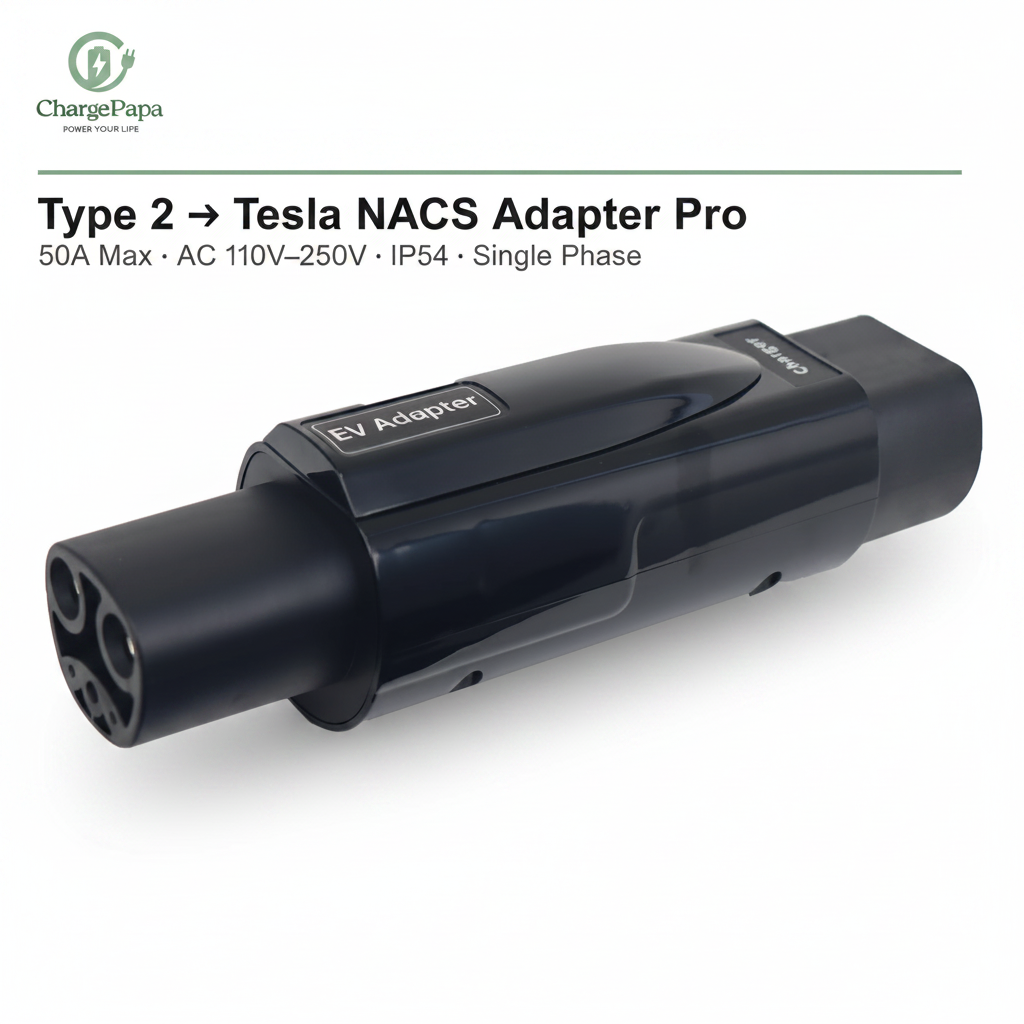 ChargePapa Tesla-Link Pro Type 2 to Tesla NACS adapter, 50A IP54 single phase, white background