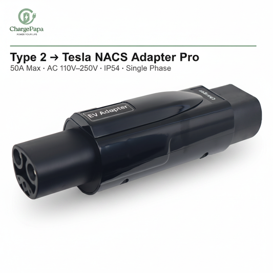 ChargePapa Tesla-Link Pro Type 2 to Tesla NACS adapter, 50A IP54 single phase, white background