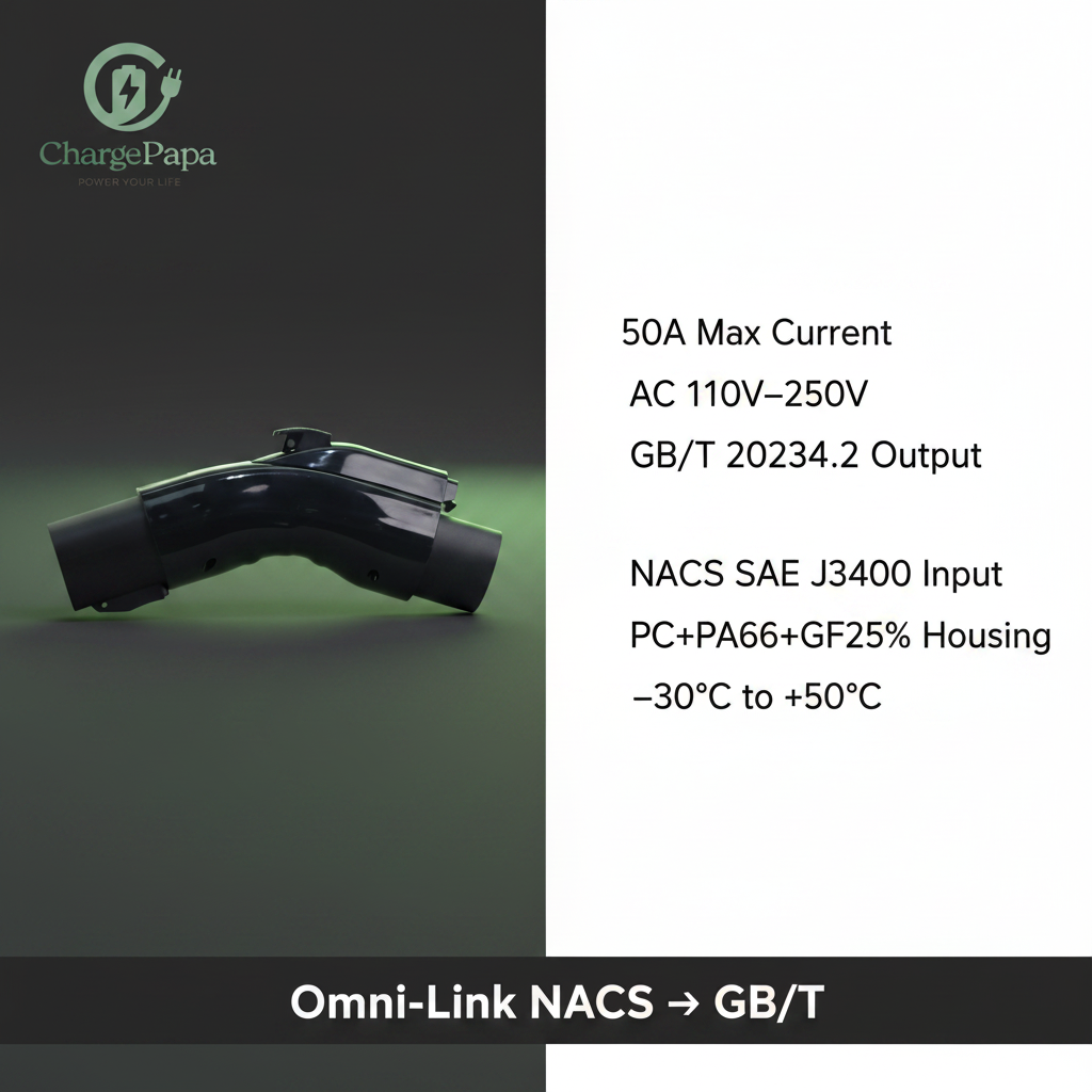 ChargePapa Omni-Link spec sheet – 50A max current, NACS to GB/T, single phase