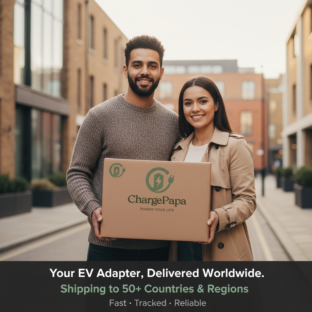 ChargePapa EV charging adapter worldwide shipping – London delivery scene