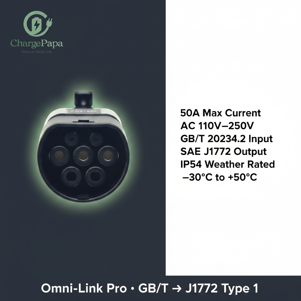 ChargePapa Omni-Link Pro spec sheet – 50A, GB/T input, SAE J1772 output, IP54 rated