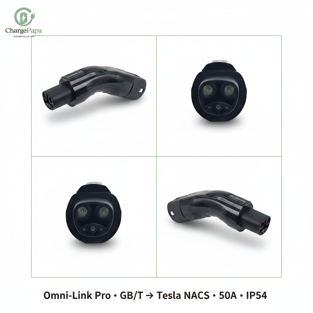 ChargePapa Omni-Link Pro GB/T to Tesla NACS adapter multi-angle view – 50A right angle
