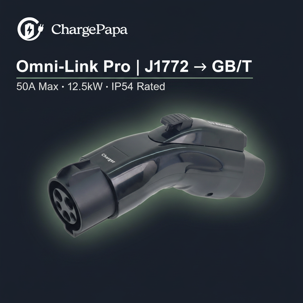 ChargePapa Omni-Link Pro EV adapter dark background, J1772 Type 1 to GB/T AC 50A 12.5kW