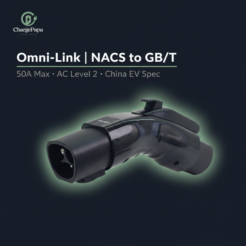 ChargePapa Omni-Link EV charging adapter on dark background, FCC UL certified