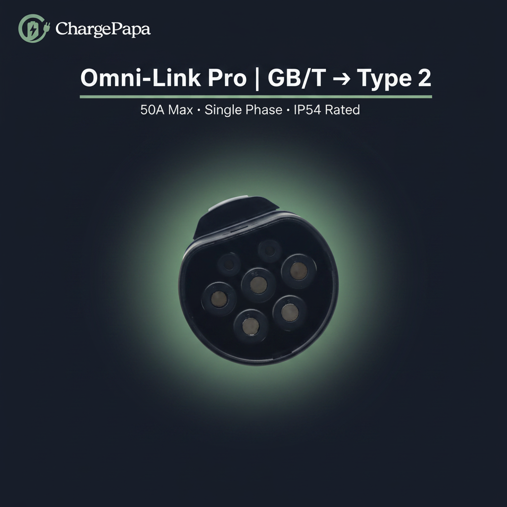 ChargePapa Omni-Link Pro EV adapter dark background, GB/T to Type 2 IEC 62196-2, 50A single phase
