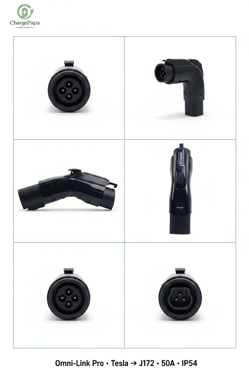 ChargePapa Omni-Link Pro Tesla to J1772 adapter multi-angle view – 50A right angle