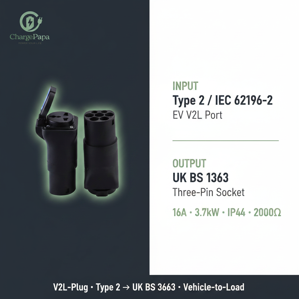 ChargePapa V2L-Plug | Type 2 to UK BS 1363 V2L Discharge Connector (16A / UK)