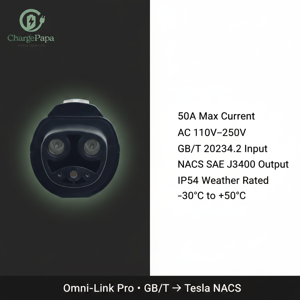 ChargePapa Omni-Link Pro spec sheet – 50A, GB/T input, Tesla NACS output, IP54 rated
