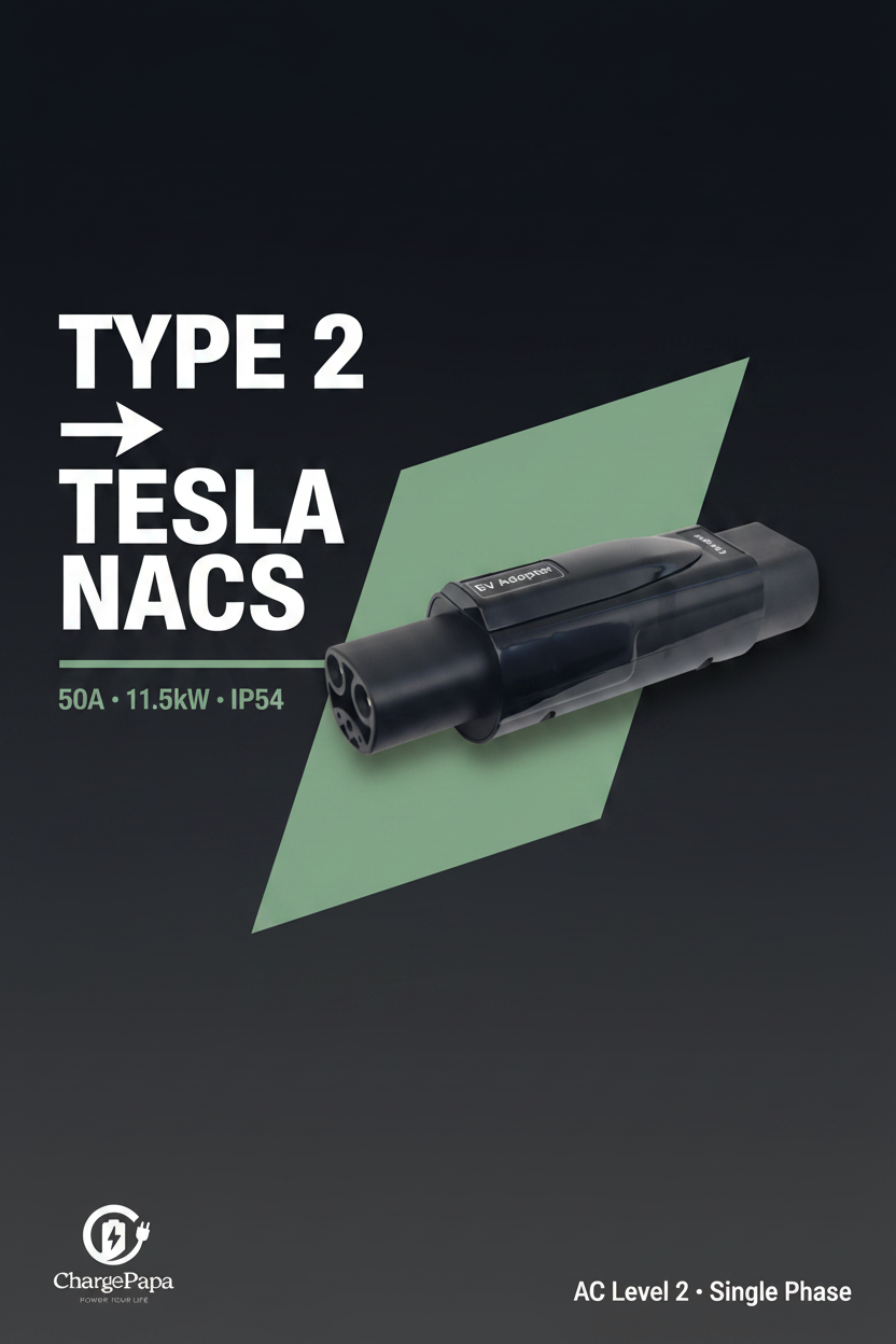 ChargePapa Tesla-Link Pro Type 2 to Tesla NACS adapter editorial poster – 50A 11.5kW