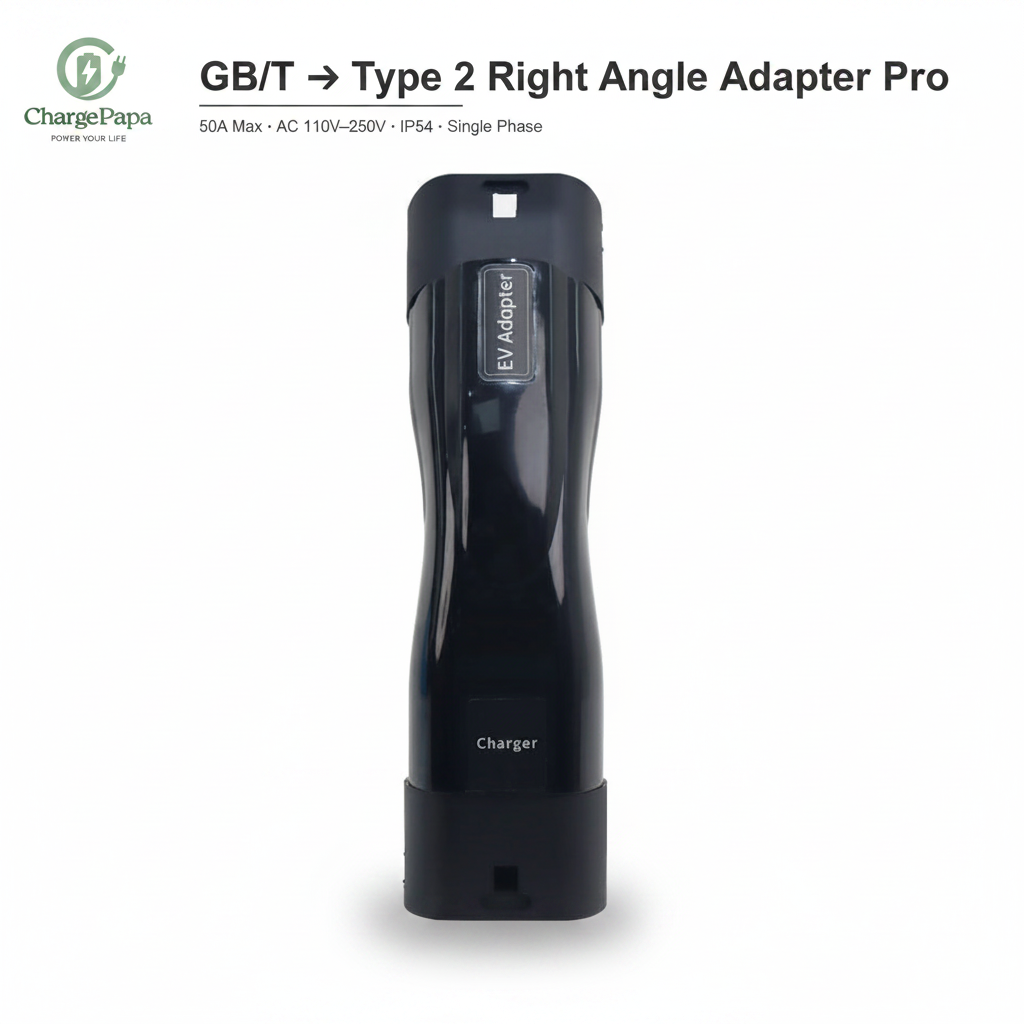 ChargePapa Omni-Link Pro GB/T to Type 2 right angle adapter, 50A IP54 single phase, white background