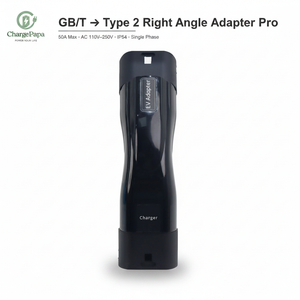 ChargePapa Omni-Link Pro GB/T to Type 2 right angle adapter, 50A IP54 single phase, white background