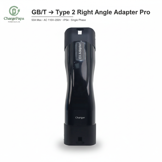 ChargePapa Omni-Link Pro GB/T to Type 2 right angle adapter, 50A IP54 single phase, white background