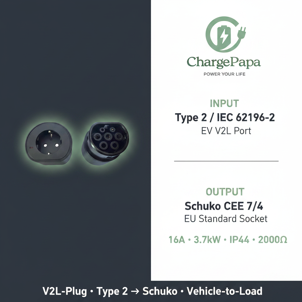 ChargePapa V2L-Plug spec sheet – Type 2 IEC 62196-2 input, Schuko CEE 7/4 output, 16A 3.7kW IP44