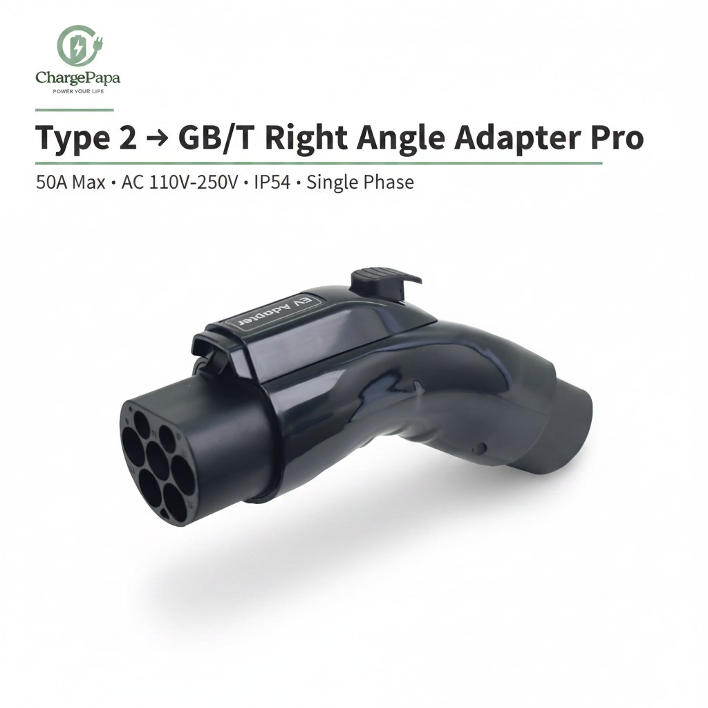 ChargePapa Omni-Link Pro Type 2 to GB/T right angle adapter, 50A IP54 single phase, white background