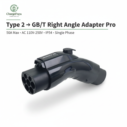 ChargePapa Omni-Link Pro Type 2 to GB/T right angle adapter, 50A IP54 single phase, white background