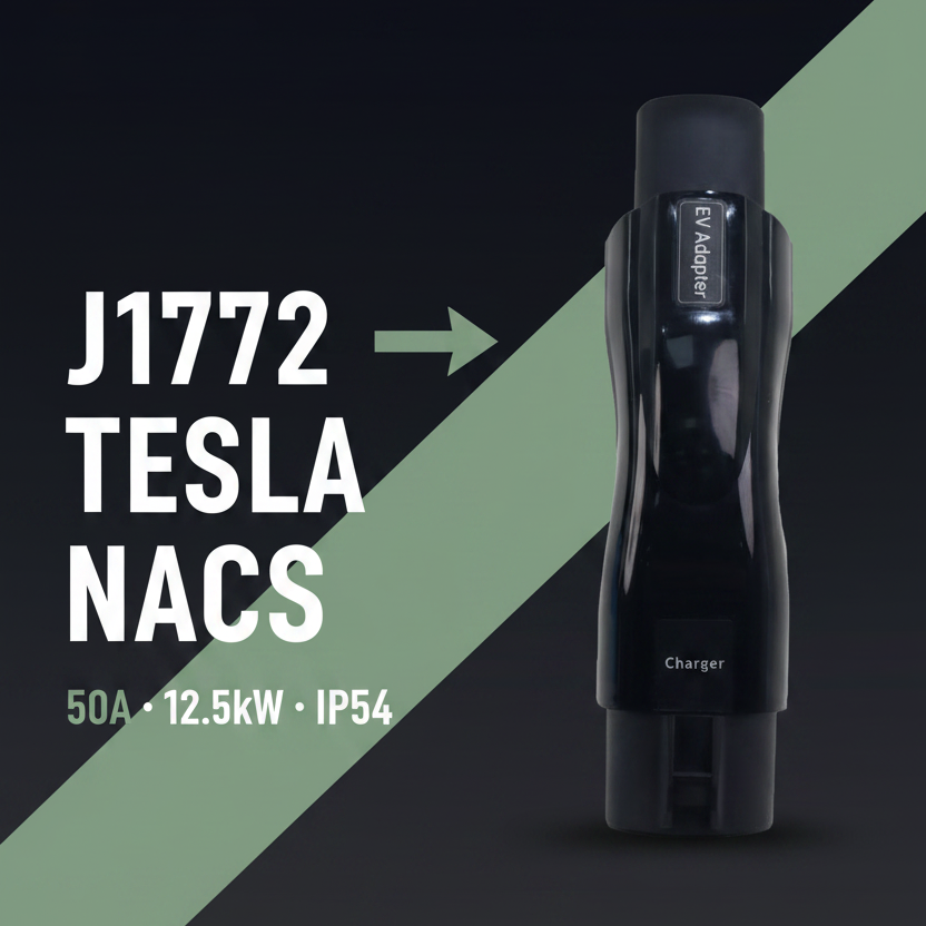  ChargePapa Omni-Link Pro J1772 to Tesla NACS right angle adapter editorial poster – 50A 12.5kW