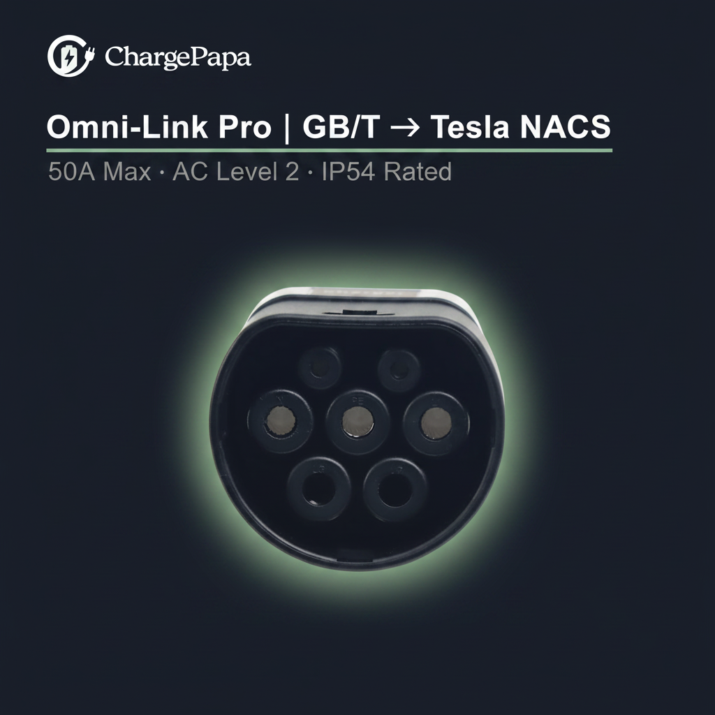 ChargePapa Omni-Link Pro EV adapter dark background, GB/T to Tesla NACS, 50A AC Level 2