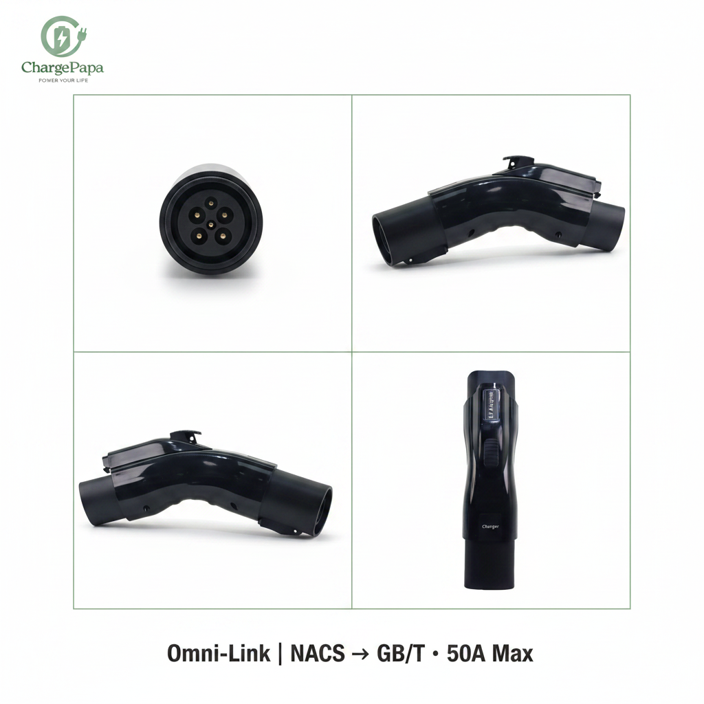 ChargePapa Omni-Link | Tesla (NACS) to GB/T Right Angle Adapter (50A Max / China EV Spec) 