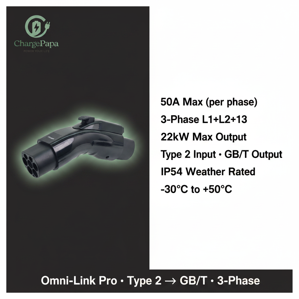 ChargePapa Omni-Link Pro spec sheet – 50A 3-phase, Type 2 input, GB/T output, IP54