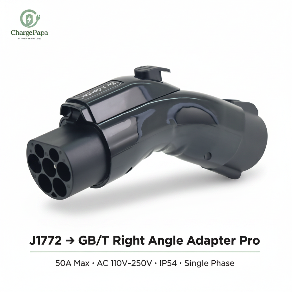 ChargePapa Omni-Link Pro J1772 to GB/T right angle adapter, 50A IP54 single phase, white background