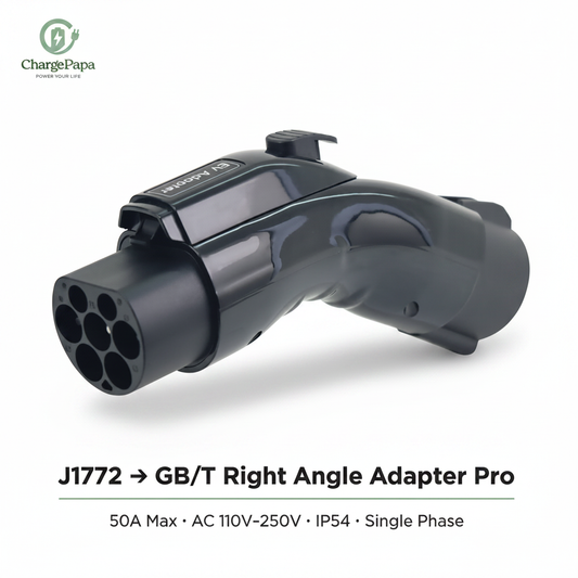 ChargePapa Omni-Link Pro J1772 to GB/T right angle adapter, 50A IP54 single phase, white background