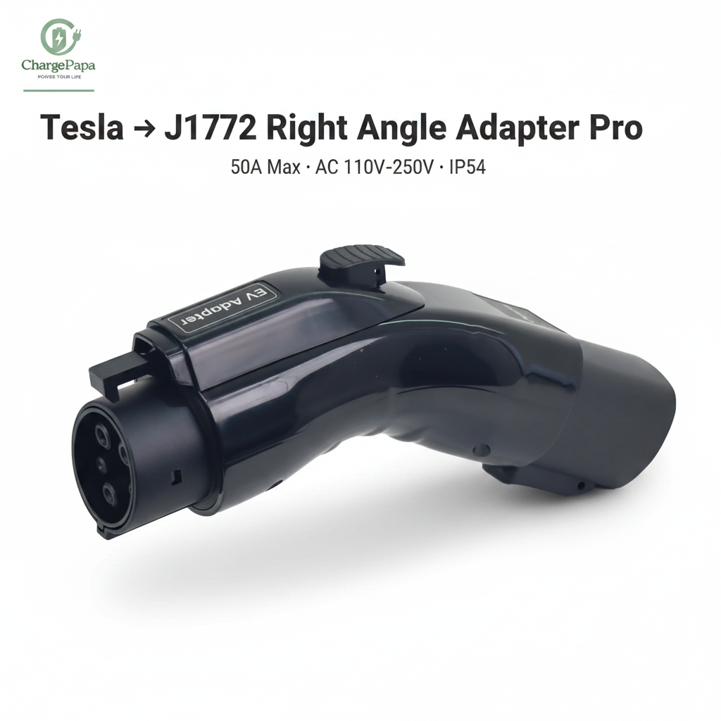 ChargePapa Omni-Link Pro Tesla to J1772 right angle adapter, 50A IP54, white background