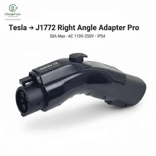 ChargePapa Omni-Link Pro Tesla to J1772 right angle adapter, 50A IP54, white background