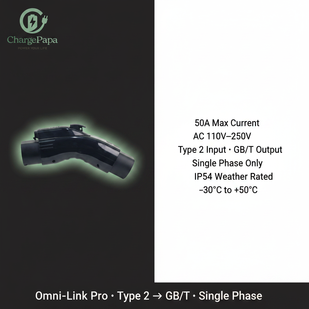 ChargePapa Omni-Link Pro spec sheet – 50A single phase, Type 2 input, GB/T output, IP54