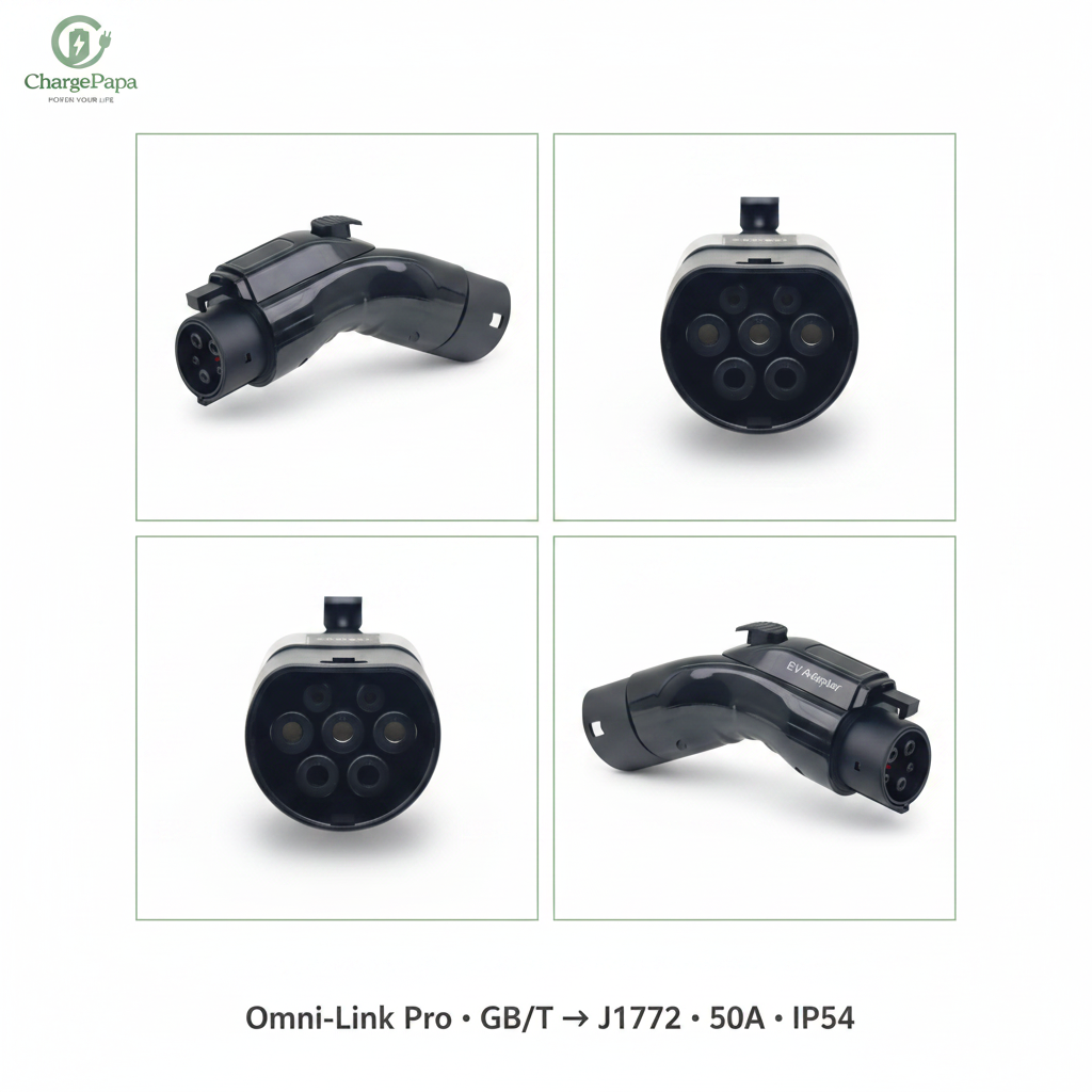 ChargePapa Omni-Link Pro GB/T to J1772 Type 1 adapter multi-angle view – 50A right angle