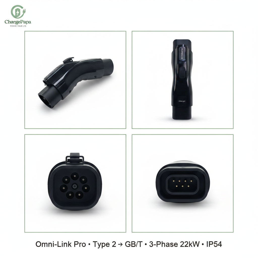 ChargePapa Omni-Link Pro Type 2 to GB/T adapter multi-angle view – 3-phase 22kW right angle