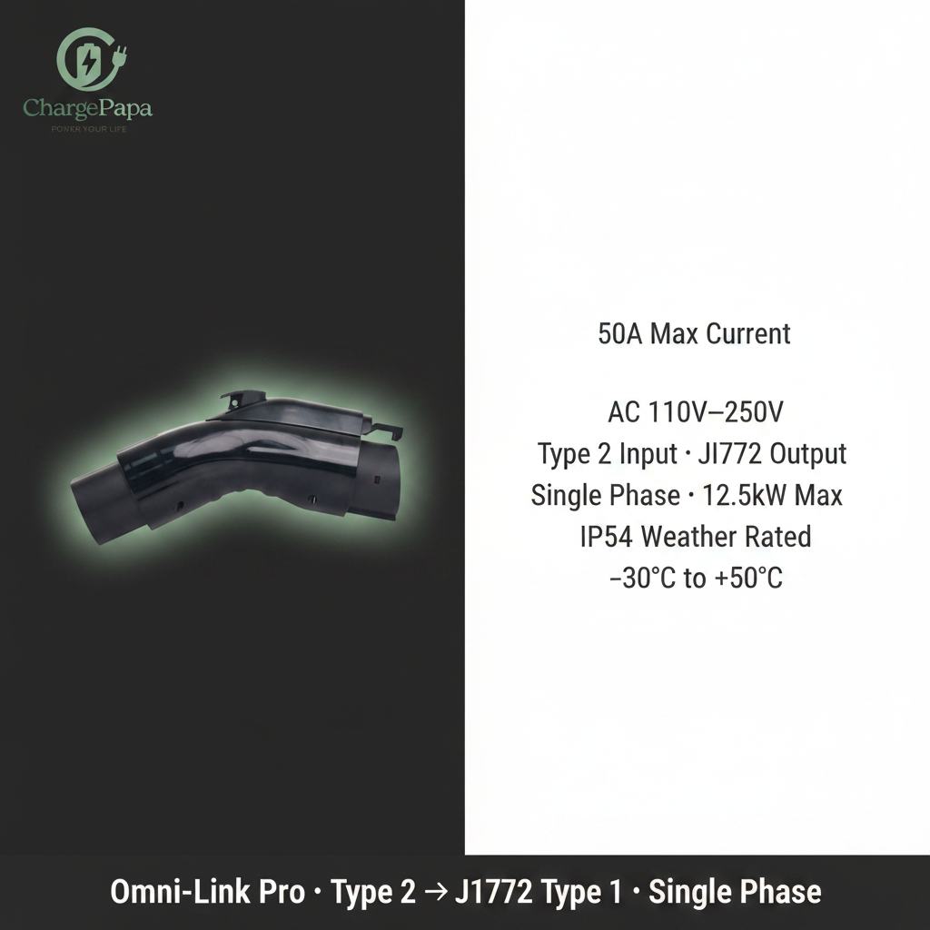 ChargePapa Omni-Link Pro spec sheet – 50A single phase, Type 2 input, J1772 Type 1 output, IP54