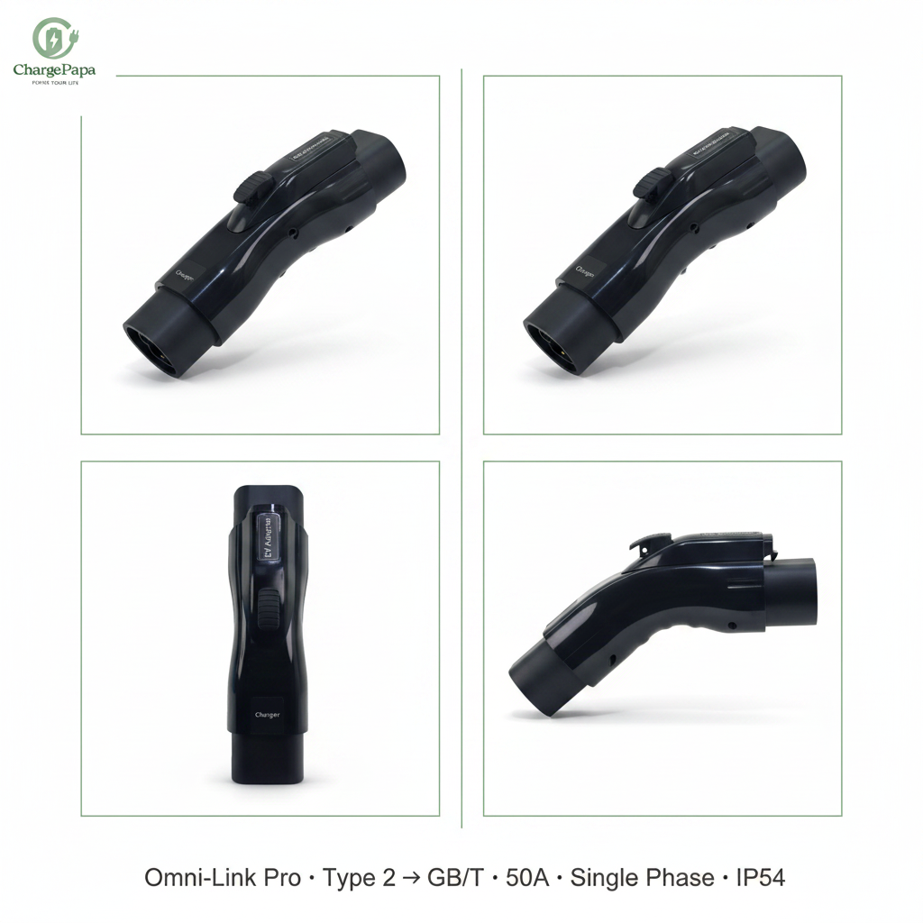 ChargePapa Omni-Link Pro Type 2 to GB/T adapter multi-angle view – 50A single phase right angle