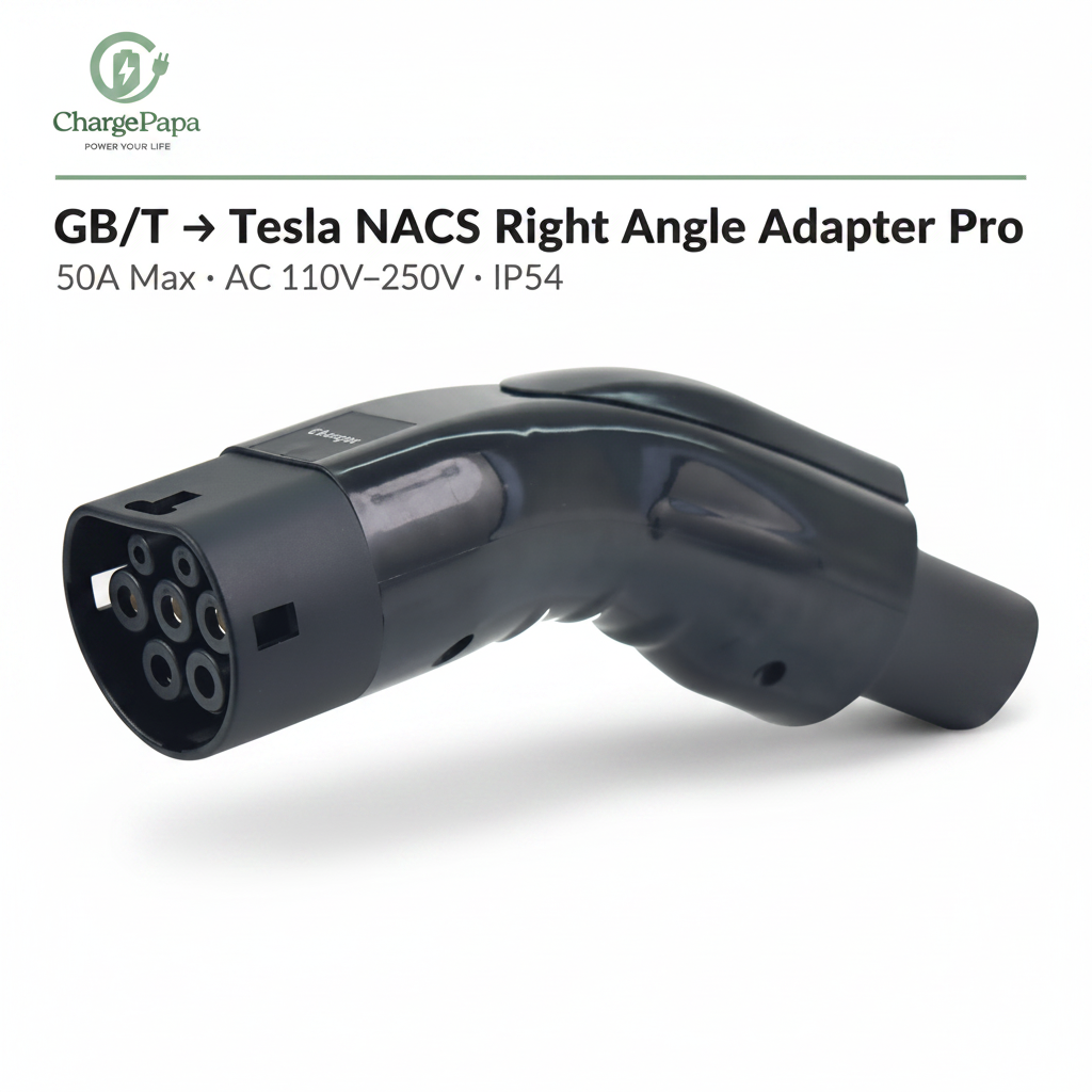 ChargePapa Omni-Link Pro GB/T to Tesla NACS right angle adapter, 50A IP54, white background