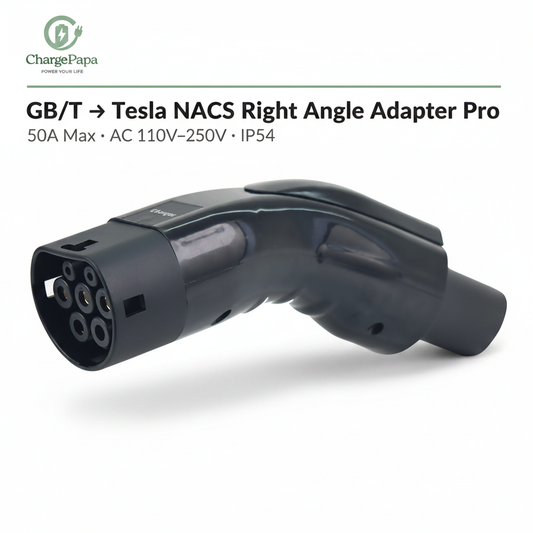 ChargePapa Omni-Link Pro GB/T to Tesla NACS right angle adapter, 50A IP54, white background