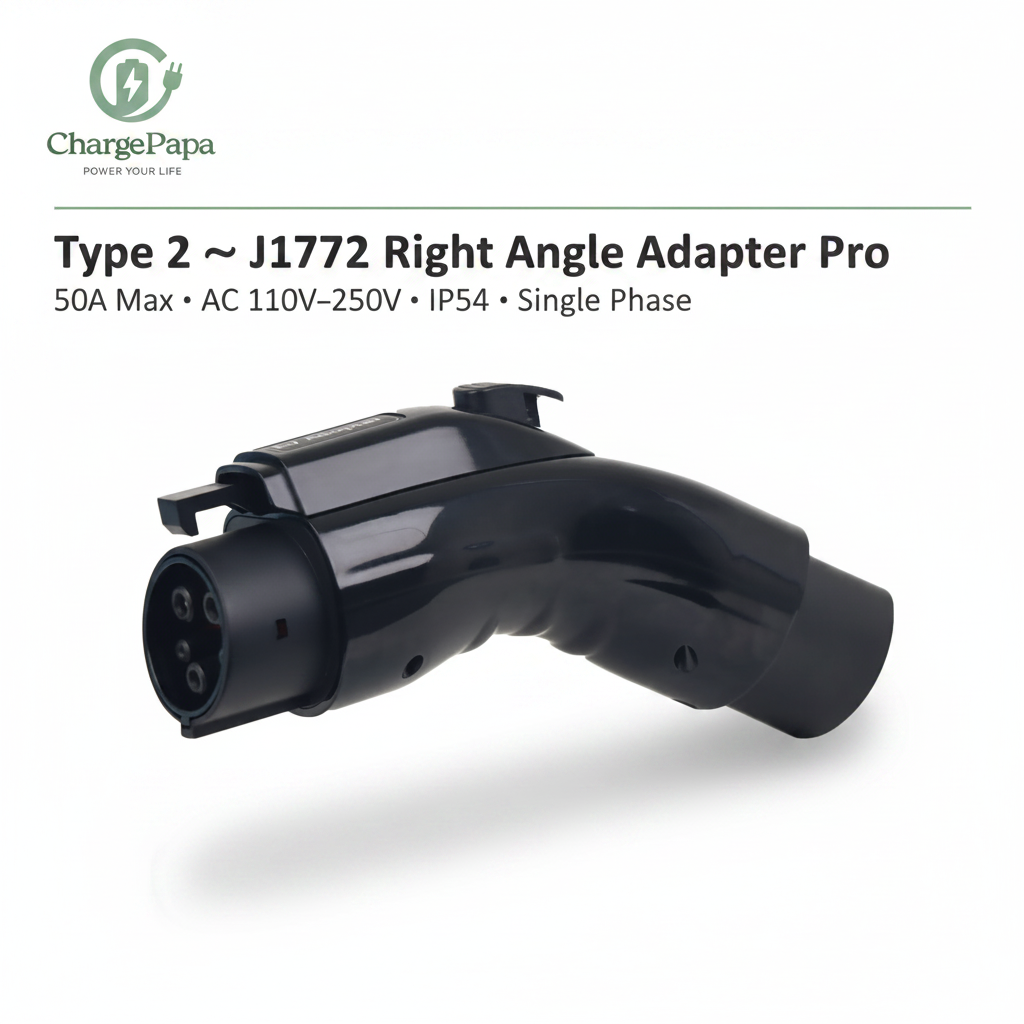  ChargePapa Omni-Link Pro Type 2 to J1772 right angle adapter, 50A IP54 single phase, white background