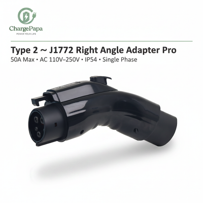 ChargePapa Omni-Link | Adaptateur coudé Pro Type 2 vers Type 1 (J1772) (50A / Monophasé)