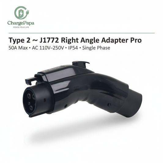  ChargePapa Omni-Link Pro Type 2 to J1772 right angle adapter, 50A IP54 single phase, white background