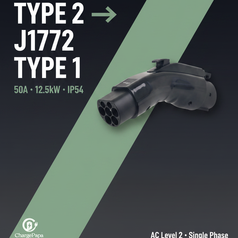 ChargePapa Omni-Link Pro Type 2 to J1772 Type 1 adapter editorial poster – 50A 12.5kW