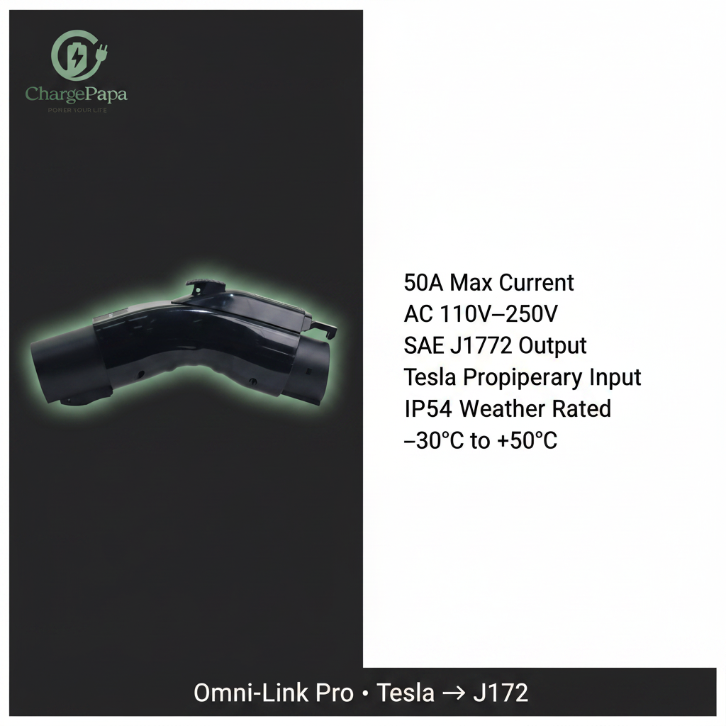 ChargePapa Omni-Link Pro spec sheet – 50A, SAE J1772 output, Tesla input, IP54 rated
