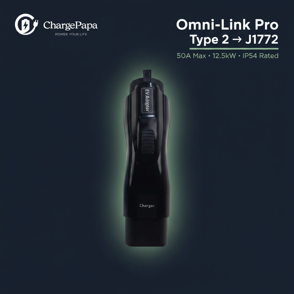 ChargePapa Omni-Link Pro EV adapter dark background, Type 2 to J1772 Type 1 50A 12.5kW AC
