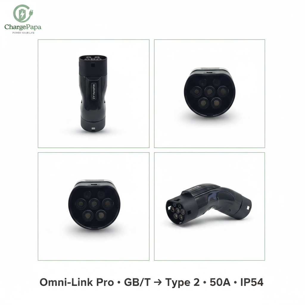 ChargePapa Omni-Link Pro GB/T to Type 2 adapter multi-angle view – 50A right angle IP54