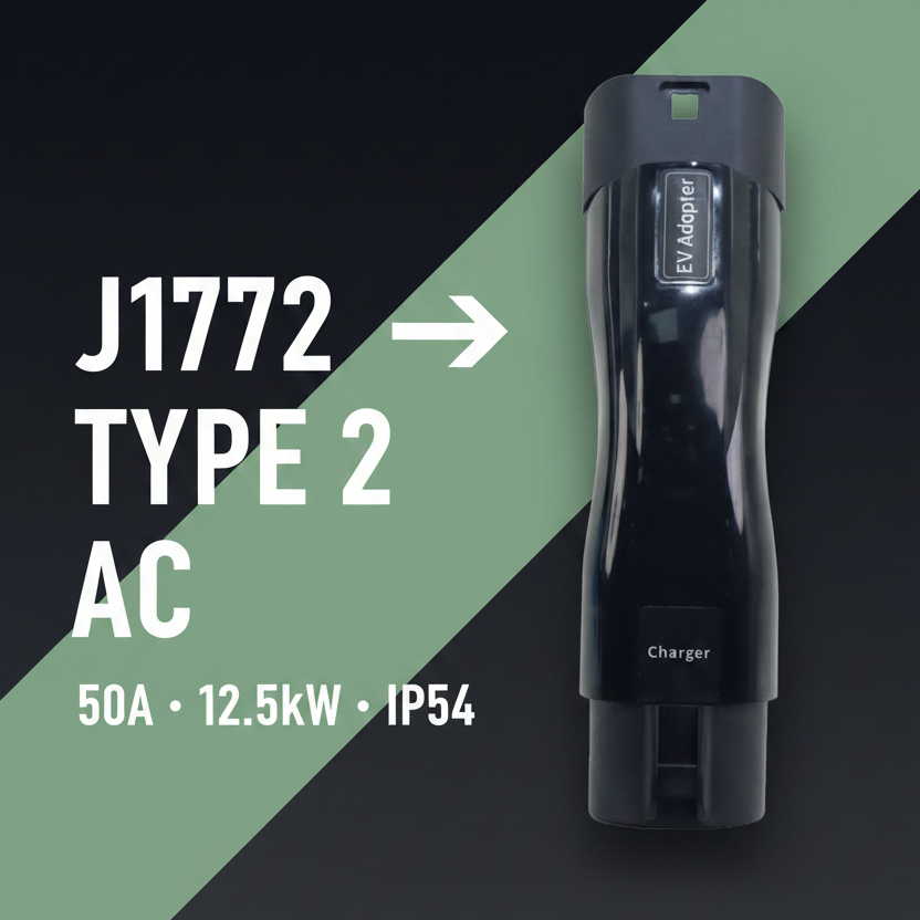 ChargePapa Omni-Link Pro J1772 to Type 2 right angle adapter editorial poster – 50A 12.5kW
