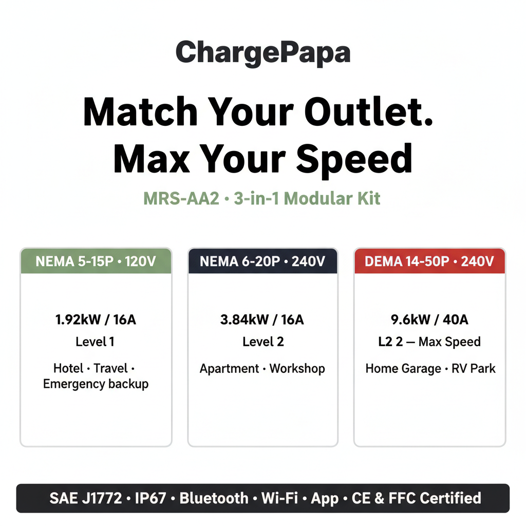ChargePapa MRS-AA2 adapter comparison NEMA 5-15 1.92kW NEMA 6-20 3.84kW NEMA 14-50 9.6kW