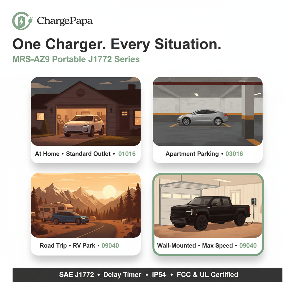 ChargePapa MRS-AZ9 portable EV charger every situation – home garage, apartment, road trip, wall-mounted