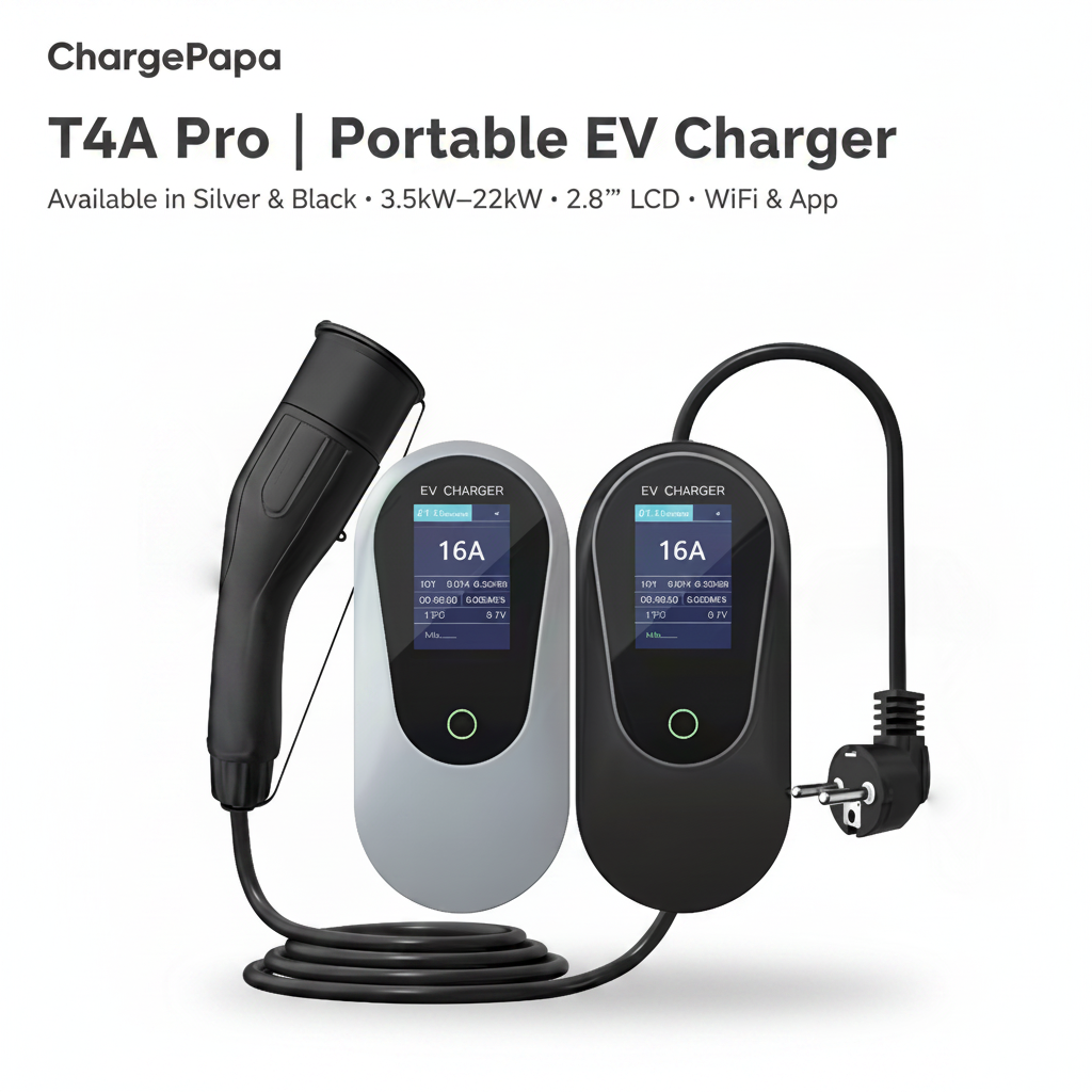 ChargePapa T4A Pro portable EV charger silver black two colors 3.5kW 22kW 2.8 LCD WiFi white background