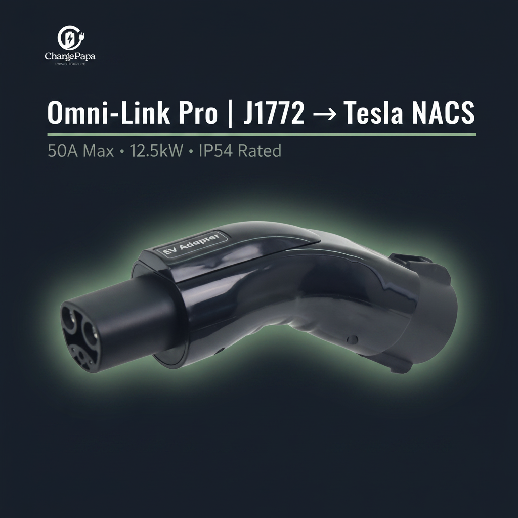 ChargePapa Omni-Link Pro EV adapter dark background, J1772 Type 1 to Tesla NACS 50A 12.5kW