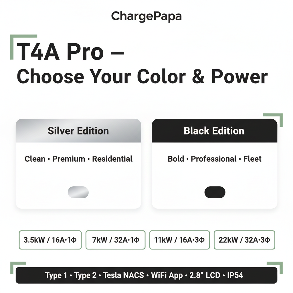 ChargePapa T4A Pro color options silver black 3.5kW 7kW 11kW 22kW Type 1 Type 2 Tesla NACS