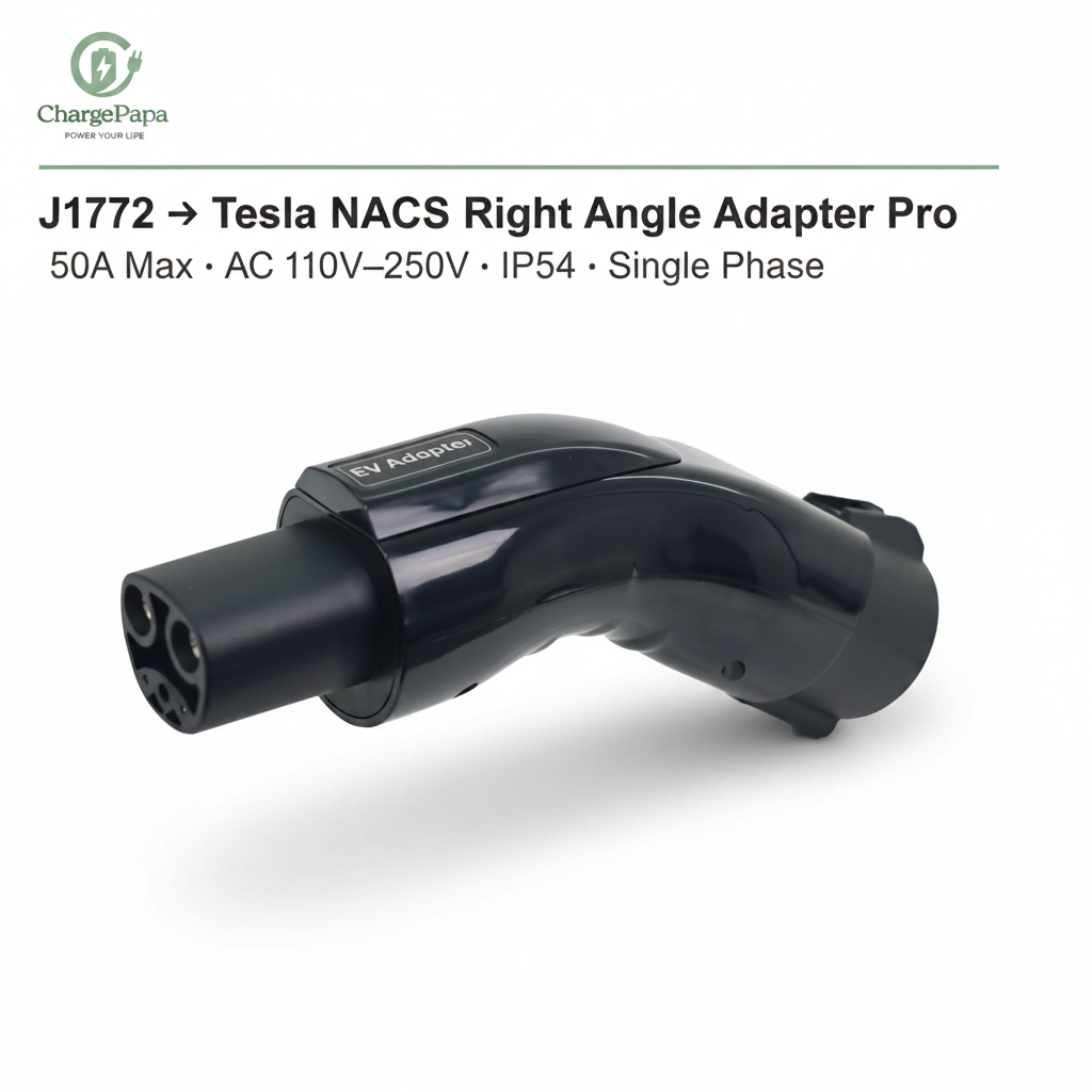 ChargePapa Omni-Link Pro J1772 to Tesla NACS right angle adapter, 50A IP54 single phase, white background