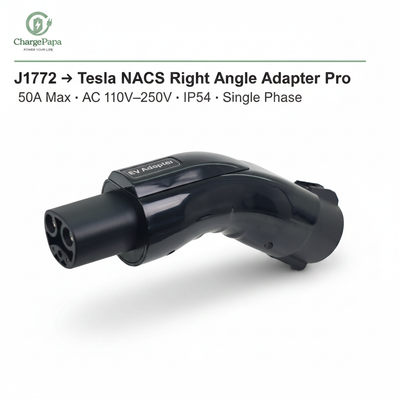 ChargePapa Omni-Link | Adaptateur coudé J1772 vers Tesla (NACS) Pro (50A / Monophasé)